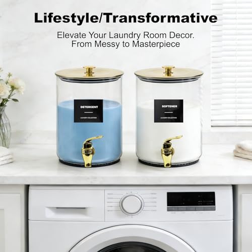 Glass Laundry Detergent Dispenser for Laundry Room Organization, 1 Gallon Large Liquid Soap Dispenser with Black Metal Lid & Leak-Proof Spigot, 2 Measured Cups, 2 Silicone Mats & 9 Labels (2, Gold) - color: Gold