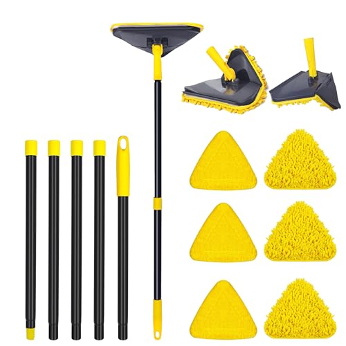 Newly Upgraded Wall Mop with 82 Inches Long Handle, 180° Folding Wall Cleaner Triangle Mop with Squeegee, 3-in-1 Ceiling Cleaning Tool with 6 Replacement Pads for Wall, Baseboards, Ceiling, Floor - color: Yellow