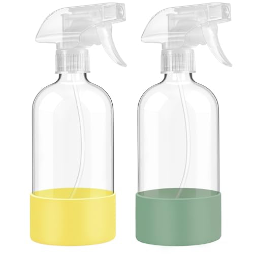 Glass Spray Bottles with Silicone Sleeve Protection, 16 oz Empty Refillable Containers, Reusable Spray Bottles with Adjustable Nozzle for Hair, Cleaning Solutions,Plants , 2 Pack Olive Green&Yellow - color: Olive Green&Yellow