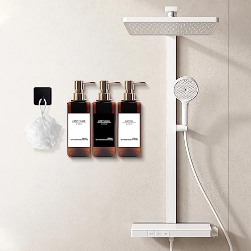 Shampoo Dispenser for Shower Wall, Shampoo and Conditioner Dispenser with 16 Waterproof Labels, No Drill Shower Soap Dispenser Bathroom, Shower Soap Dispenser Wall Mounted 3 Chamber, 17oz, Gold Amber - color: Amber Bottle + Gold Pump
