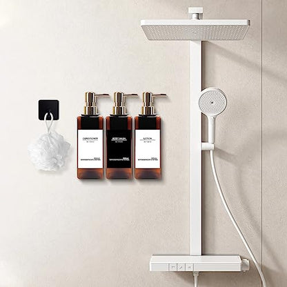 Shampoo Dispenser for Shower Wall, Shampoo and Conditioner Dispenser with 16 Waterproof Labels, No Drill Shower Soap Dispenser Bathroom, Shower Soap Dispenser Wall Mounted 3 Chamber, 17oz, Gold Amber - color: Amber Bottle + Gold Pump