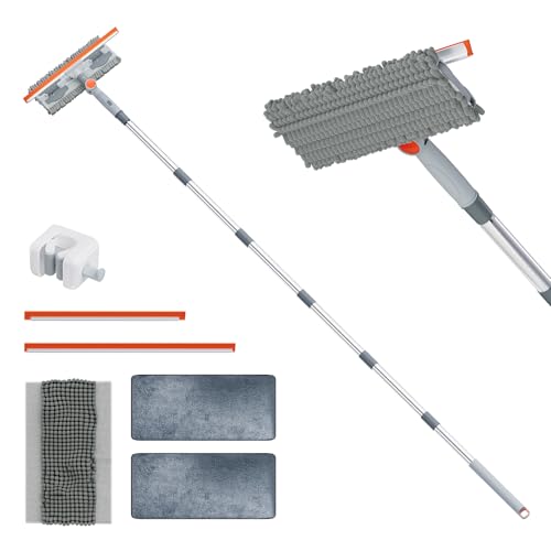 6.4FT Extendable 2-in-1 Window Washing Kit with Long Handle, 180° Rotatable Head & No-Drill Storage Holder, Streak-Free Window Squeegee for High Windows, Glass, Shower, and Car Windshield Cleaning - color: Grey/Orange/Chrome