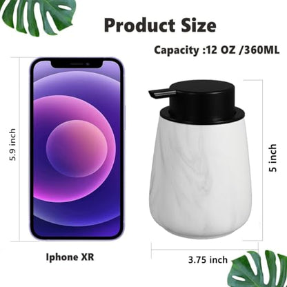12Oz Foaming Hand Soap Dispenser - Ceramic Bathroom Foam Soap Dispenser with Easy-to-Press Black Pump, Refillable Lotion Hand Dispenser, Dish Soap Dispensers for Kitchen, Marble White - color: Marble White, style: Foam Pump