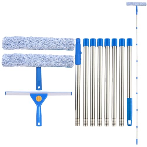 10Ft Window Cleaning Kit with Extension Pole, 14" Squeegee and 15" Scrubber with Long Handle, Window Cleaner Tool Washing Equipment for Outdoor High Windows Glass