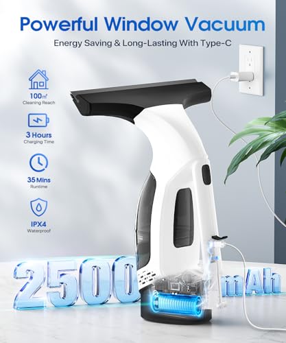 Window Vacuum Squeegee Cordless, 3-in-1 Electric Window Cleaner Tool with Spray & Microfiber Pad, Streak-Free 2200Pa Suction for Glass, Shower Doors, Mirrors, Tiles and Car Windows
