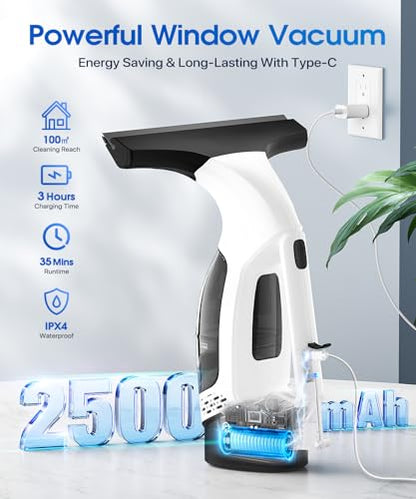 Window Vacuum Squeegee Cordless, 3-in-1 Electric Window Cleaner Tool with Spray & Microfiber Pad, Streak-Free 2200Pa Suction for Glass, Shower Doors, Mirrors, Tiles and Car Windows