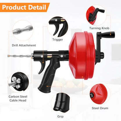 25 FT Double Mode Drain Snake Tools, 14-in-1 Drain Auger【Upgraded】 | for Sink and Drain Unblocking, Plumbing Snake for Kitchen, Bathrom and Shower Sink, Drain Clog Remover for Real DYIs - color: 25FT-Red&Black