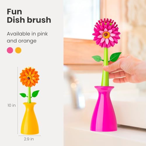 Vigar Flower Power Dish Brush with Handle and Vase Holder - Dish Scrub Brush for Dishes, Kitchen Scrub Brush, Dish Brush with Handle, Sink Cleaning Brush, Pot Scrubber, Dishwashing Brush - Pink - color: Pink