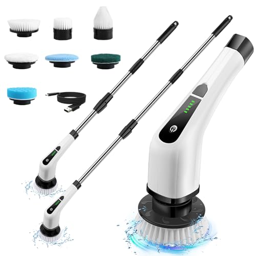 Electric Spin Scrubber for Cleaning Bathroom: Granvell Shower Cleaner Brush with 7 Replaceable Heads & Long Handle, Cordless Power Scrub Tools for Bath Tub Floor Tile