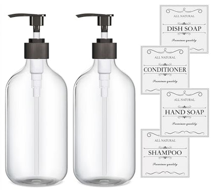 2PCS Clear Dish Soap Dispenser for Kitchen with Rust Proof Pump (16 Oz), Premium Hand Soap Dispenser for Bathroom, Plastic Liquid Soap and Lotion Dispenser/Bottles Set, Waterproof Labels - color: Clear