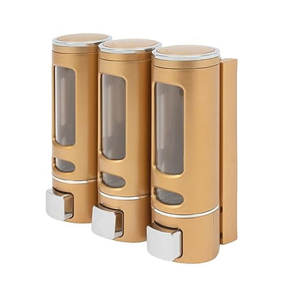 3-Head 400 ml Gold Soap Dispenser, Wall-Mount Triple Chamber Shampoo Conditioner Body Wash Pump, Bathroom Shower Gel Holder, Hotel Gym School Mall Refill Bottle, Adhesive or Screw Install