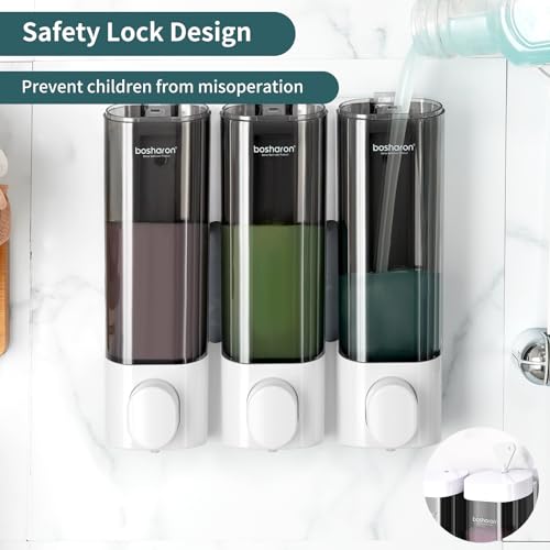 3 in 1 Wall Mounted Shower Dispenser, 3 x 10 oz Shampoo Body Wash Conditioner Pump, No Drill for Bathroom & Kitchen - color: White