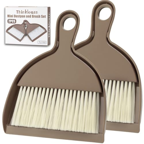 THINKLEARN 2PCS Small Dust Pan and Brush Set, Mini Broom Dustpan Kit | Portable Brush Dustpan Combo Set, Brown Cleaning Supplies - color: Brown