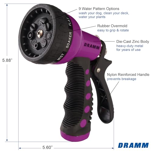 Dramm Revolver Heavy Duty Metal Garden Hose Nozzle – 9 Spray Patterns, High Pressure Jet, Thumb-Control Flow, Ergonomic Grip – Berry - color: Berry, style: 9-Pattern Revolver