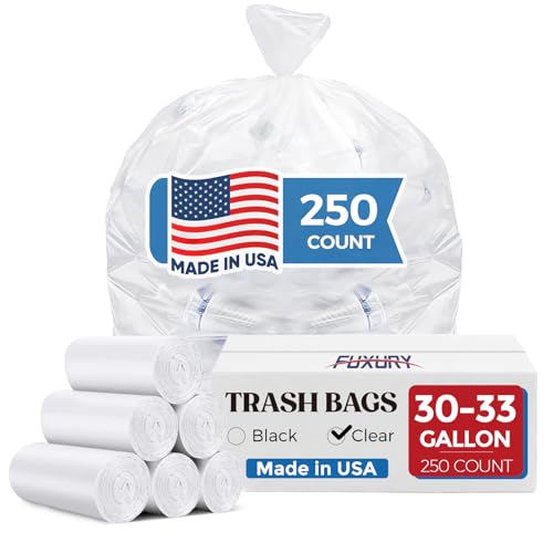 Fuxury 30-33 Gallon Trash Bags Medium Duty, 250 Count Garbage Bags, 32 x 38" Extra Large Clear Trash Bags, 0.6 Mil Plastic Bags for Serious Garbage Cleanup, Made in USA - color: 33Gal-250Ct(Clear)