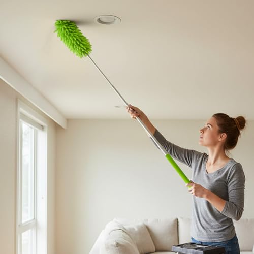 Dusters for Cleaning with Extension Pole, High Reach Extendable Microfiber Duster Washable Dust Cleaner for Ceiling Fan Cobweb Corner Furniture, Green - color: Green, size: 29.25 × 1.95 × 1.95 in