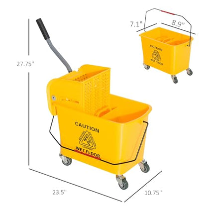 21 Quart Mop Bucket with Wringer on Wheels, Dual Water Cleaning Bucket with Separate Dirty and Clean Water, Rolling Commercial Floor Cleaning System (Yellow) - color: Yellow