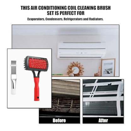 Gosknor 2pcs Air Conditioner Condenser Cleaning Tools, Double-Sided AC Evaporator Coil Fin Cleaning Brush & Stainless Steel AC Fin Comb for HVAC System Refrigerator Evaporator Radiator Condenser