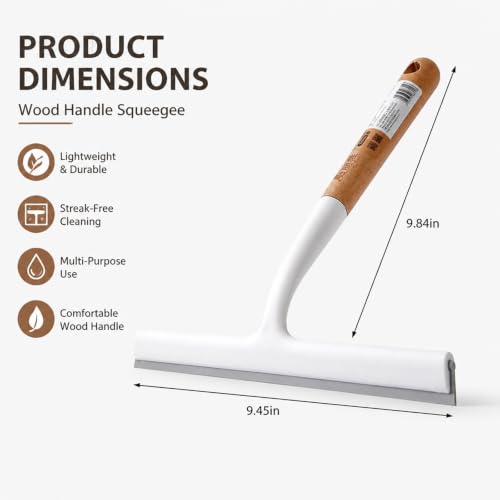 Silicone Shower Squeegee, Wooden Handle Glass Squeegee, Multi-Purpose Window Squeegee for Cleaning Glass Door, Tile Wall, Kitchen Countertop with Stainless Steel Hook & Plastic Squeegee Board
