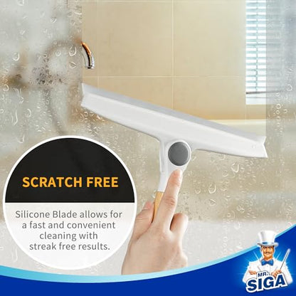 MR.SIGA All Purpose Silicone Squeegee for Shower Door, Mirror, Glass, Streak Free Shower Squeegee, Pivoting Bamboo Handle, Includes 1 Suction Hook, 10 inch Wide, 1 Pack - color: White