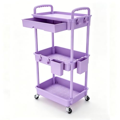 REBECAT 3 Tier Rolling Cart with Drawer, Utility Storage Cart on Wheels for Kitchen, Bathroom, Living Room,Office(Purple) - color: Purple