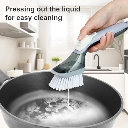 CQT Soap Dispensing Dish Brush Storage Set, Dish Scrubber with Handle, Kitchen Washing Brush for Pot Pan Sink Cleaning, Kitchen Brush with Holder and 1 Replaced Scouring Pad Head - color: Mintgreen