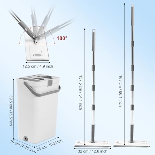 Flat Mop and Bucket with Wringer Set, Hands-Free Floor Mop and Bucket with 3 Reusable Washable Microfiber Pads and 66" Stainless Steel Handle, Wet and Dry Use for Home Floor Cleaning - color: Gray
