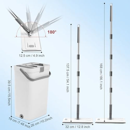 Flat Mop and Bucket with Wringer Set, Hands-Free Floor Mop and Bucket with 3 Reusable Washable Microfiber Pads and 66" Stainless Steel Handle, Wet and Dry Use for Home Floor Cleaning - color: Gray