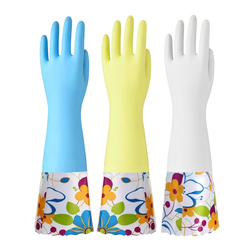 Bamllum 3 Pairs Rubber Cleaning Gloves, Household Kitchen Dishwashing Gloves with Cotton Flocked Liner, Long Cuff 16 Inches (Blue+Yellow+White, Small) - color: Blue+yellow+white, size: Small