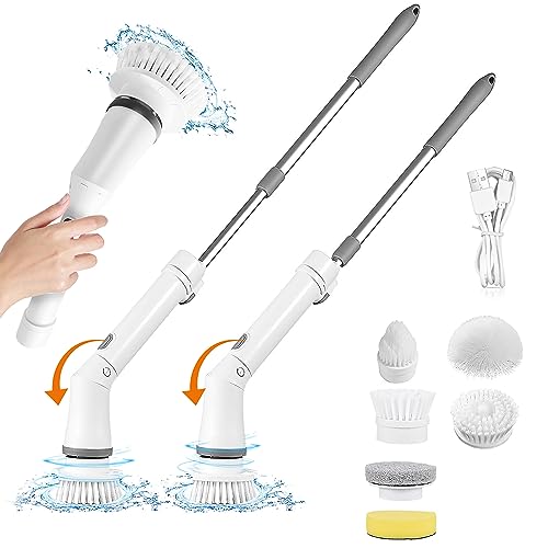 Moclever Electric Spin Scrubber – Cordless, Rechargeable, 400RPM Powerful Cleaning Brush with 6 Replaceable Heads, 2-Speed Adjustment & Extendable Handle for Bathroom, Tile, and Grout