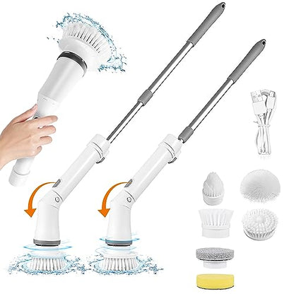 Moclever Electric Spin Scrubber – Cordless, Rechargeable, 400RPM Powerful Cleaning Brush with 6 Replaceable Heads, 2-Speed Adjustment & Extendable Handle for Bathroom, Tile, and Grout