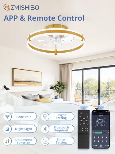 ZMISHIBO Ceiling Fans with Lights and Remote, 19.7'' Low Profile Ceiling Fan, 3000-6000K Dimmable Modern Flush Mount LED Fan Light, 6 Wind Speeds, Gold Fandelier Ceiling Fans for Bedroom - color: Gold, size: 19.7 INCH