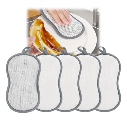 Cleaning Sponges, Multipurpose Heavy Duty Scrub Sponges, Double-Sided Sponge with Silver Stainless Steel and Multi-Layer Fiber, Kitchen Sponges for Cleaning Around The Home, Bathroom & More (5)