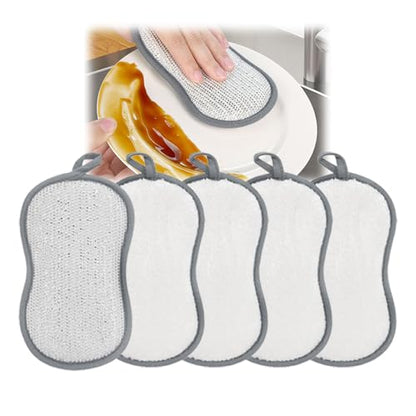 Cleaning Sponges, Multipurpose Heavy Duty Scrub Sponges, Double-Sided Sponge with Silver Stainless Steel and Multi-Layer Fiber, Kitchen Sponges for Cleaning Around The Home, Bathroom & More (5)