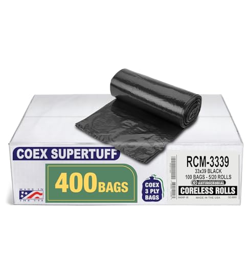 Aluf Plastics - Thick Trash Bags, 33 Gallon, 1.25 Mil (eq), 33"x38", Black, 400 Count (20 Rolls of 20) - style: 33 Gal, 1.25 Mil Equiv, 400 Count