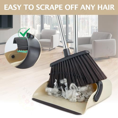 Broom and Dustpan Set with Long Handle, Heavy Dust Broom and Dustpan Combo for Home，Kitchen, Office, Pet Hair(Beige) - color: Beige 1-pack