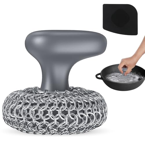 Cast Iron Scrubber | Dish Scrub Brush | 316 Cleaner Chainmail Scrubber for Cast Iron Pan Skillet Cleaner - Dish Scouring Pad Dishwasher Safe Cleaning Kit, Grey 02 - color: Gray