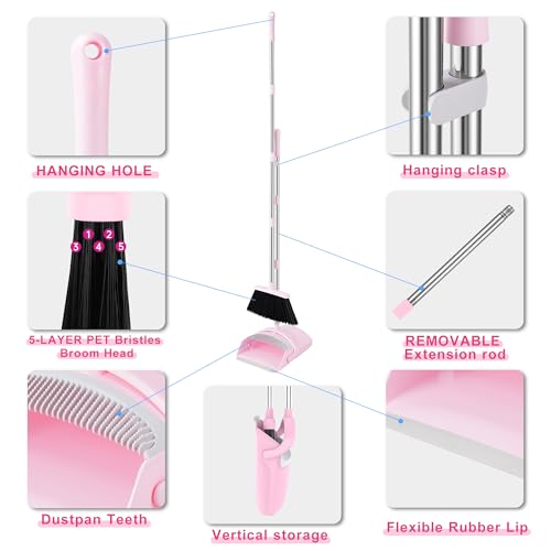 Pink Broom and Dustpan Set for Home, 52-in Long Handle Broom with Dustpan Combo with Dustpan Teeth Easy to Scrape Off Pet Hair, Indoor&Outdoor Sweeping（Pink） - color: Pink&grey