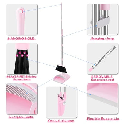 Pink Broom and Dustpan Set for Home, 52-in Long Handle Broom with Dustpan Combo with Dustpan Teeth Easy to Scrape Off Pet Hair, Indoor&Outdoor Sweeping（Pink） - color: Pink&grey