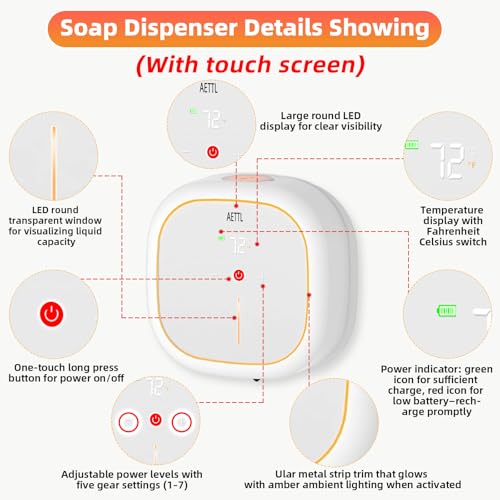 Automatic Foam Soap Dispenser Touchless Wall Mounted, USB-C Rechargeable with Smart Screen Temperature Display & Ambient Light, 7 Adjustable Levels, 16.9 oz for Kitchen Bathroom Commercial,White - color: Ae-002-w