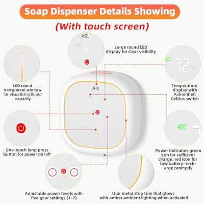 Automatic Foam Soap Dispenser Touchless Wall Mounted, USB-C Rechargeable with Smart Screen Temperature Display & Ambient Light, 7 Adjustable Levels, 16.9 oz for Kitchen Bathroom Commercial,White - color: Ae-002-w