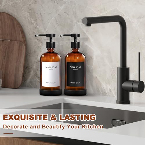 RYTOXILO Hand Soap Dispenser for Bathroom 2 Pack, Amber Glass Soap Dispenser with Stainless Steel Pump, 16.9 Fl oz Hand and Dish Soap Dispensers Set Kitchen, Modern Brown Soap Lotion Dispensers Bottle - color: Amber, size: 2 Pack