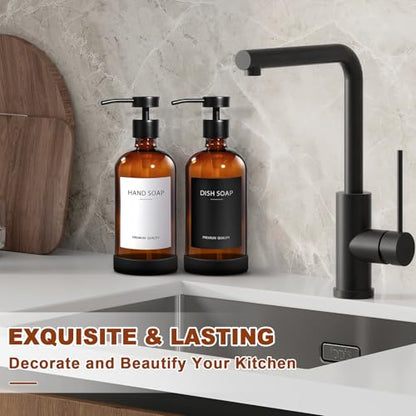 RYTOXILO Hand Soap Dispenser for Bathroom 2 Pack, Amber Glass Soap Dispenser with Stainless Steel Pump, 16.9 Fl oz Hand and Dish Soap Dispensers Set Kitchen, Modern Brown Soap Lotion Dispensers Bottle - color: Amber, size: 2 Pack