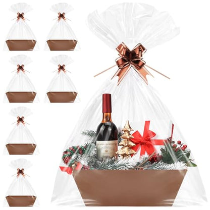6PACK Baskets for Gifts Empty, 10x12”Thick Brown Gift Basket with Handles 6 Bows 6 Bags Empty Gift Baskets for Christmas Thanksgiving Wedding Birthday Party Wrapping Gift - color: 6PACK Brown