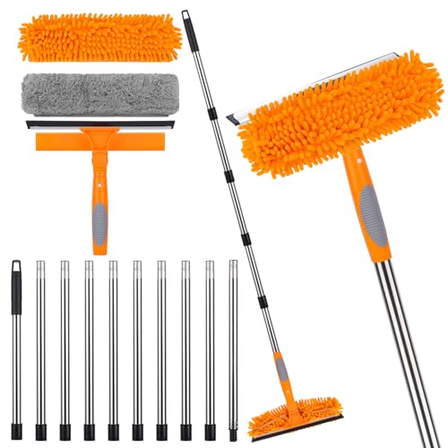 Window Squeegee Cleaner Tool with Extension Pole: 2-in-1 Window Cleaning Kit - 86.6 Inch Telescopic Long Window Cleaning Tool for High Windows Glass with 2 Microfiber Cloth & Squeegee Blade - color: Orange