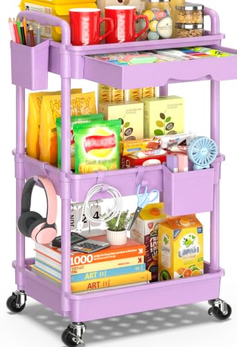 SUNALLY 3 Tier Rolling Cart Organizer with Drawer, Bathroom Storage Carts with Wheels & Plastic Shelf, Mobile Storage Organizers for Kitchen, Office, Laundry Room, Baby, Snack, Craft, Makeup, Purple - color: Purple, size: 3 Tier