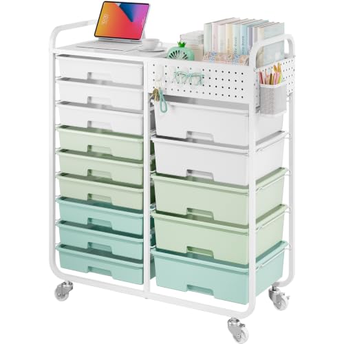Rolling Storage Cart with 14 Drawers, Storage Organizer Cart with Tabletop and Pegboard,Utility Cart for Living Room, Classroom, Bedroom,Bathroom,Dorm,Office (Green) - color: Green