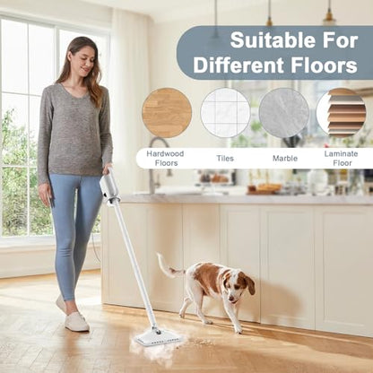 Steam Cleaner, 6 in1 Rotated Steam Mop Cleaner with 2 Modes, 2 Microfiber Pads, 400ML Removable Tank, 23FT Power Cable, Detachable Steam Mops for Floor, Laminate Floor, Tiles Cleaning (White) - color: White