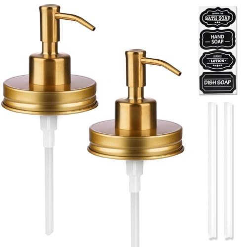 Amolliar Mason Jar Liquid Soap Dispenser Pump, Rustproof Stainless Steel Lid, Refillable Soap Pump for Kitchen, Bathroom, Hand, Dish, Lotion Soap Pump Replacement, Cute Farmhouse Decor, Golden 2 Pack - color: Golden, size: With Lid 2 Pack
