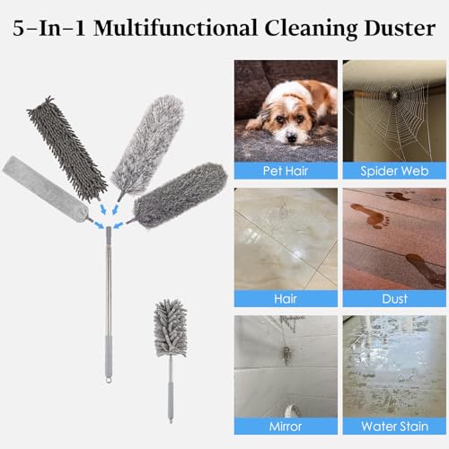 Microfiber Feather Duster Kit with Extension Pole, 7 PCS Washable Reusable Duster for Cleaning, 100'' Bendable Extendable Long Duster with Stainless Steel Pole for High Ceilings, Fans, Furniture & Car - size: 7PCS: Gap Brush & Chenille Duster & Gloves Set
